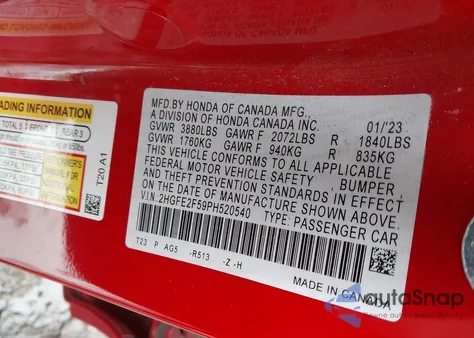 2023 Honda Civic Sport z USA, uszkodzony, nr VIN 2HGFE2F59PH520540